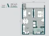 Floor plan: 2-bedroom 1-bathroom unit; features: open-plan kitchen-dining-living, master bedroom with ensuite bathroom, bedroom 2 with shared bathroom, utility room, central foyer, 1 car porch, balcony off living room, private terrace.
