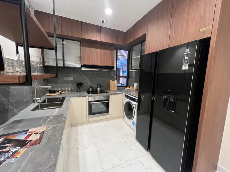 Kitchen features: black stainless-steel fridge, built-in oven, ceramic cooktop, white cabinetry with wood accents, grey marble countertop, grey marble backsplash, single-bowl stainless-steel sink, chrome pull-down faucet, built-in washing machine, open shelving, under-cabinet lighting, recessed downlights, tile flooring with glossy finish; style: modern.