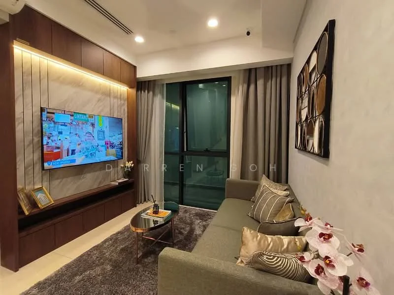 Living features: grey fabric sofa, wall-mounted TV, wooden TV console, decorative wall panel with stone finish, area rug with plush texture, floor-to-ceiling windows, sheer curtains, decorative wall art, recessed downlights, potted orchids; style: modern.