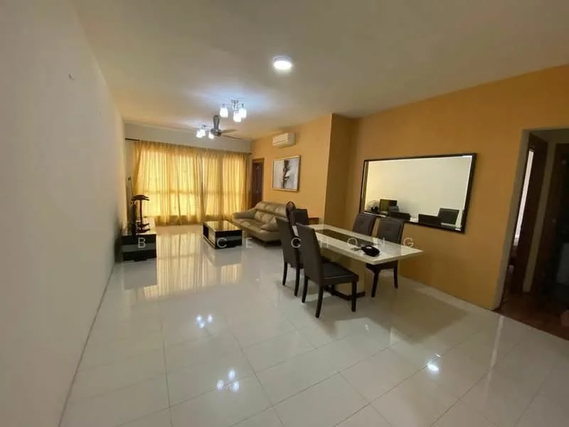 Living features: cream painted walls, white tiled flooring, 5-blade ceiling fan with light, sofa in beige, coffee table, dining table for 6 with upholstered chairs, large mirror on wall, floor-to-ceiling windows with sheer curtains; style: modern.