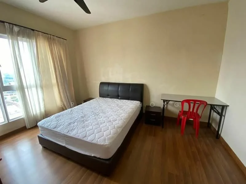 Bedroom features: queen-size bed, wooden flooring, light beige painted walls, floor-to-ceiling windows, sheer curtains, ceiling fan, study desk, red plastic chair, nightstand; view: city.