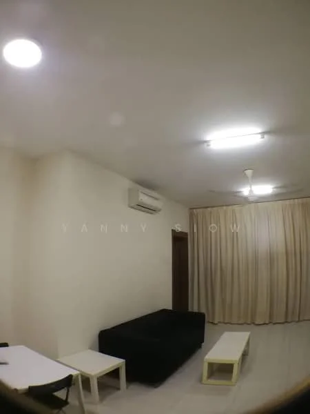 Living features: white painted walls, tile flooring, ceiling fan, 2 ceiling lights, black fabric sofa, white coffee table, white dining table, curtains, wall-mounted split AC.