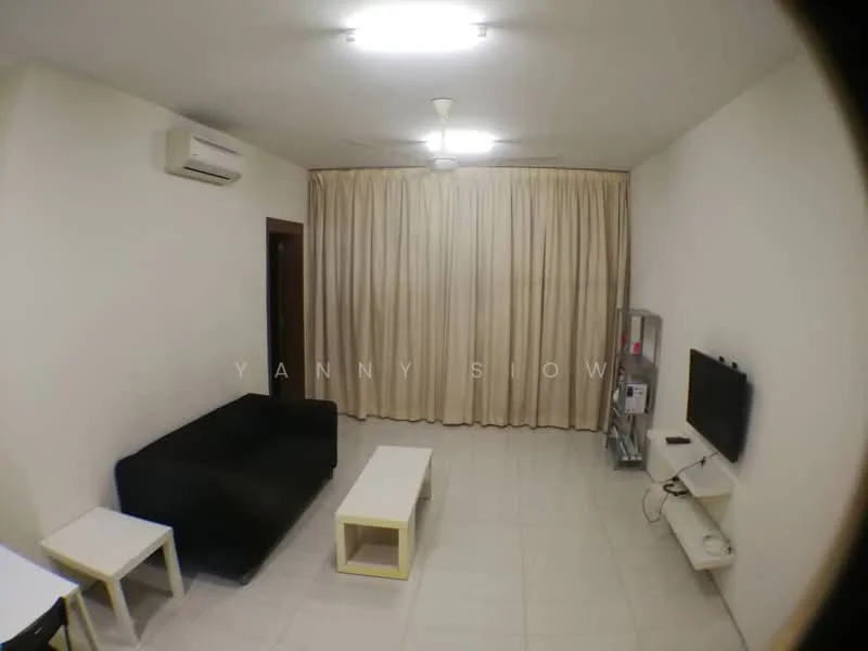 Living features: white painted walls, tile flooring, 5-blade ceiling fan with light, wall-mounted TV, TV console, black fabric sofa, white coffee table, white side table, curtains, air conditioning unit; style: modern.