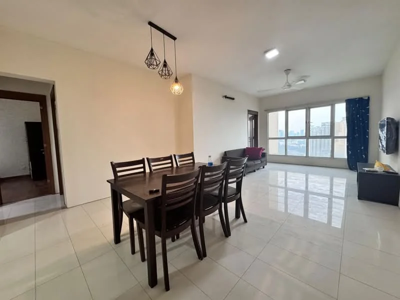 Living features: white painted walls, glossy white tile flooring, 5-blade ceiling fan with light, large floor-to-ceiling windows, curtains in dark blue, dining table with 6 chairs, sofa in dark color, TV console, decorative wall clock, light fixture with pendant lamps; style: modern; view: city.
