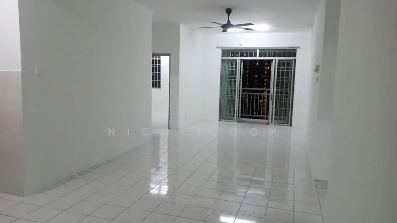 Room features: white painted walls, glossy white tile flooring, 5-blade ceiling fan, sliding glass door, floor-to-ceiling windows, natural light, open layout, balcony access; style: modern; view: city.