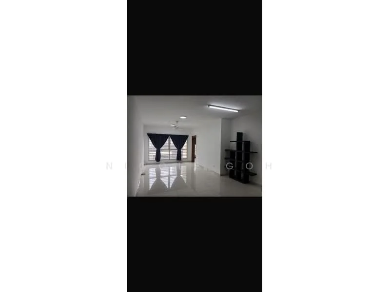 Living features: white painted walls, glossy tile flooring, recessed LED downlights, ceiling fan, floor-to-ceiling windows, blue curtains, black shelving unit, open layout; style: modern.