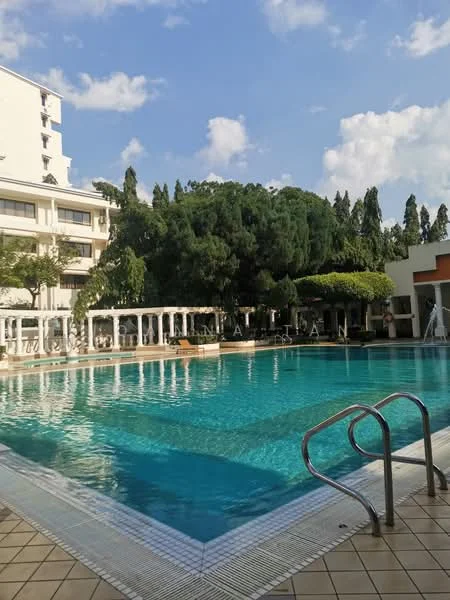 Exterior type: swimming pool deck; features: infinity pool, pool deck with loungers, surrounded by landscaped gardens, tropical trees, sunny sky, paved walkway, poolside cabanas; style: modern.