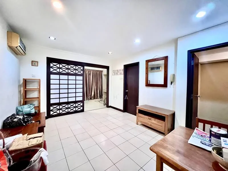 Living features: white painted walls, tile flooring, 1 wall-mounted split AC, recessed downlights, wooden console table, wooden shelving unit, sliding door with decorative screen, curtains, dining table with chairs, mirror on wall; style: modern.