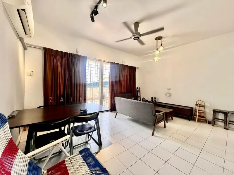 Living features: white painted walls, tile flooring, 5-blade ceiling fan with light, sofa in grey, wood coffee table, dining table with chairs, curtains in brown, floor-to-ceiling window, decorative light fixture; style: modern; view: city.