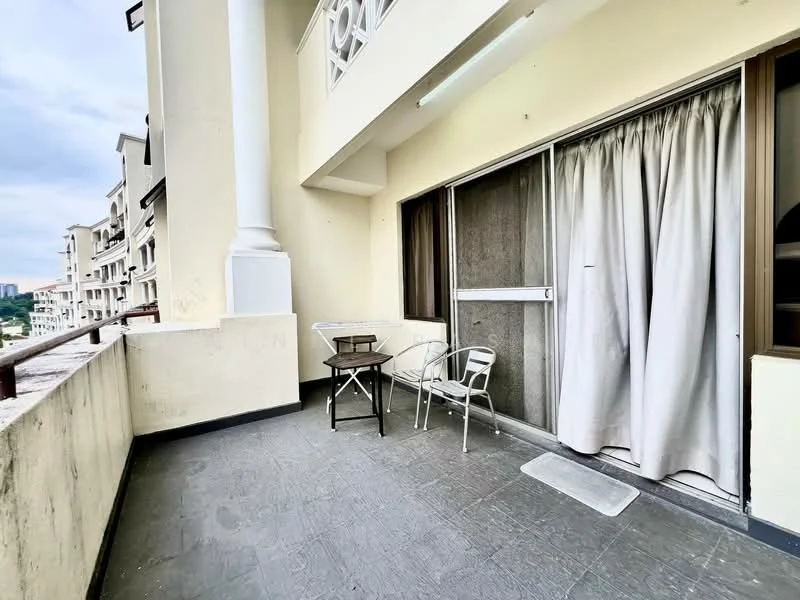 Room features: balcony, grey tiled flooring, glass sliding door, white curtains, metal outdoor table, two metal chairs, railings, overhead lighting; style: modern; view: city.