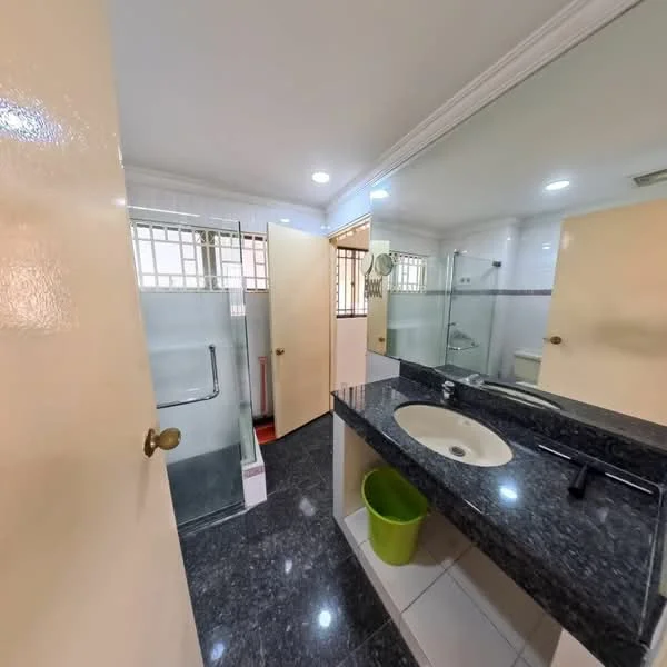 Bathroom features: black granite countertop, single-bowl sink, chrome basin mixer faucet, wall-mounted mirror, glass shower enclosure, toilet, white tiled walls, grey tiled flooring, built-in shelving, green waste bin, recessed lighting; style: modern.
