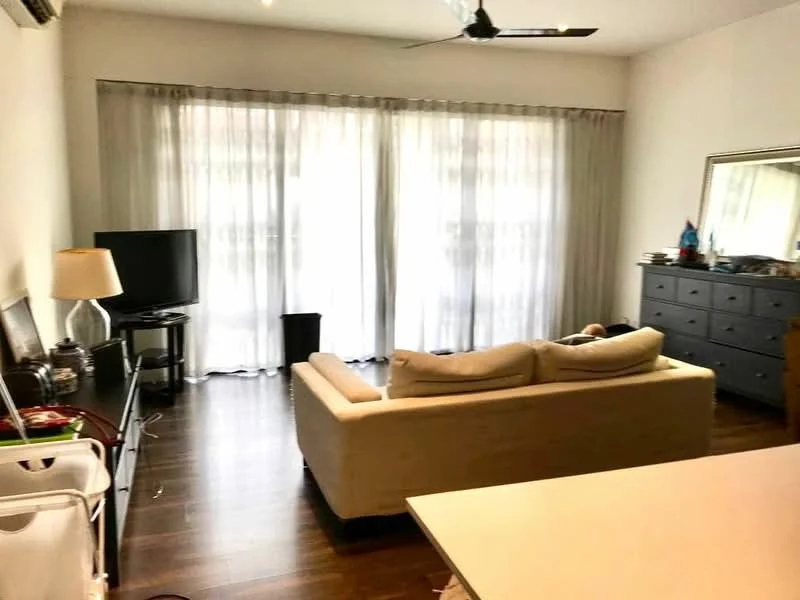 Living features: 3-seater fabric sofa in cream, wooden coffee table, black TV console, flat-screen TV, mirror on wall, chest of drawers, wooden flooring, ceiling fan, floor-to-ceiling windows with sheer curtains, decorative items on console; style: modern.