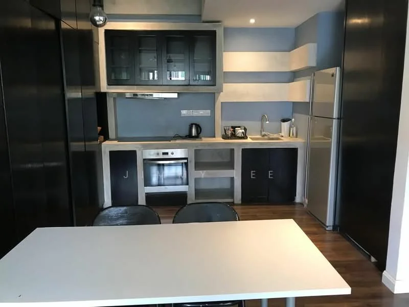 Kitchen features: concrete countertop, stainless-steel sink, chrome pull-down faucet, built-in oven, freestanding range oven, stainless-steel fridge, black cabinetry with glass-front upper cabinets, kettle, toaster, wooden flooring, pendant light, striped wall design in blue and white; style: modern.