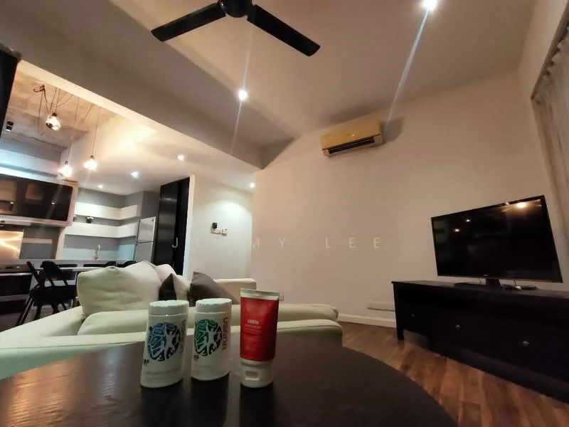Living features: light wood flooring, white painted walls, ceiling fan, recessed downlights, wall-mounted TV, dark wood TV console, sofa, coffee table, air conditioning unit; style: modern.