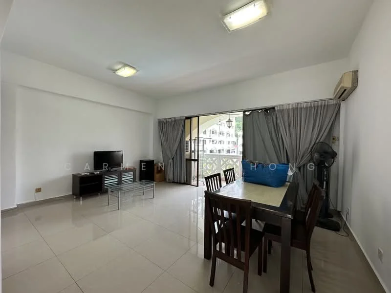 Living features: white painted walls, glossy tile flooring, ceiling lights, floor-to-ceiling windows, sliding glass door, grey curtains, black TV console, wall-mounted TV, dining table with 6 wooden chairs, blue cushion on sofa, standing fan; style: modern; view: garden.