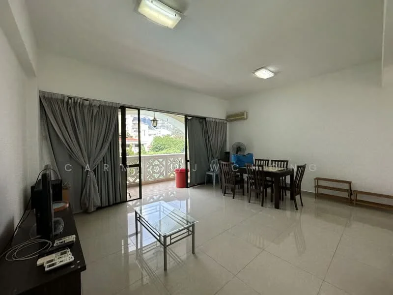 Living features: white painted walls, glossy tile flooring, ceiling lights, floor-to-ceiling sliding glass door, curtains, dining table with six chairs, coffee table, TV console, air conditioning unit, wall-mounted TV, wooden bench; style: modern; view: garden.