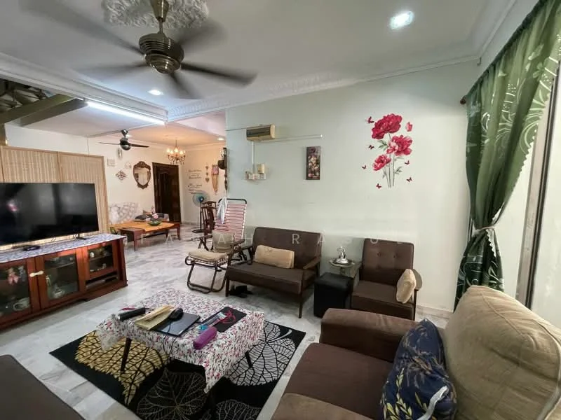 Living features: 3-seater fabric sofa in beige, 2-seater fabric sofa in brown, coffee table with floral design, TV console with storage, wall-mounted TV, decorative wall art with floral pattern, curtains with floral design, ceiling fan, marble flooring, recessed downlights, area rug with geometric pattern; style: contemporary.