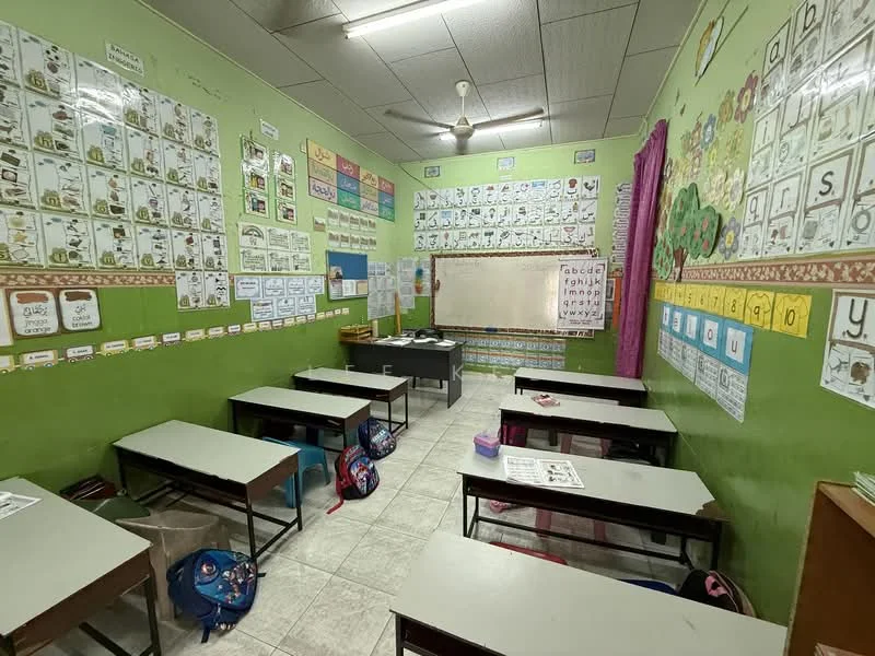 Room features: green painted walls, white ceiling, fluorescent ceiling lights, vinyl tile flooring, wooden desks, plastic chairs, educational posters on walls, blackboard, backpacks on the floor, curtains, classroom decorations; style: educational.