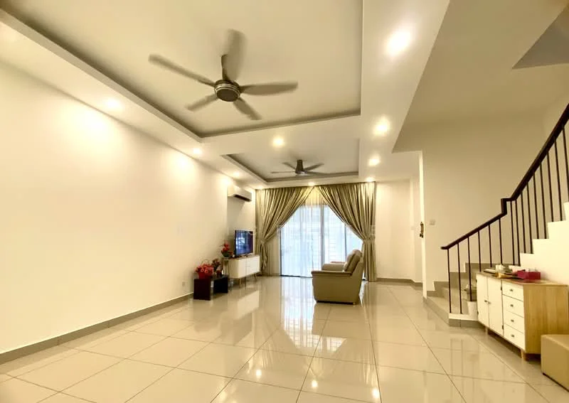 Living features: white painted walls, tray ceiling, recessed downlights, 5-blade ceiling fan, large floor-to-ceiling windows, curtains, light-colored sofa, TV console with wall-mounted TV, glossy tile flooring, staircase with wooden railing, decorative side table; style: modern.