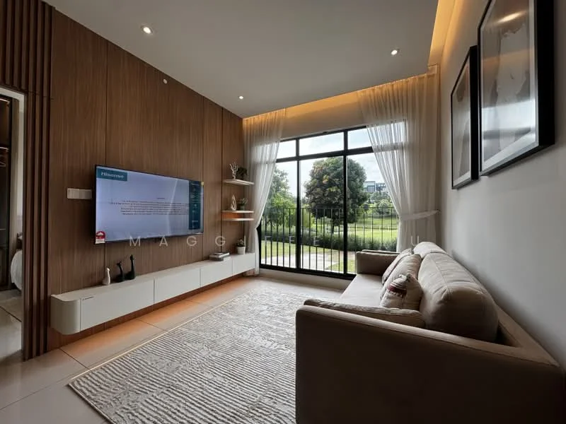 Living features: light beige fabric sofa, wall-mounted TV, white TV console, wood panel accent wall, large floor-to-ceiling windows, sheer white curtains, recessed downlights, area rug with geometric pattern, decorative plants on shelves, neutral wall color, open layout, natural light; style: modern; view: garden.