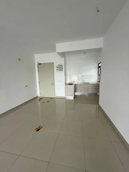 Room features: white painted walls, glossy ceramic tile flooring, kitchenette with cabinets, single-bowl stainless-steel sink, wall-mounted electrical panel, large window for natural light, door leading to another room, no visible appliances, neutral color scheme, minimalist design; style: modern.