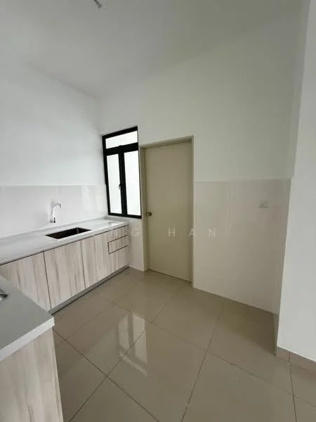 Kitchen features: white painted walls, light wood cabinetry, single-bowl stainless-steel sink, chrome pull-down faucet, white countertop, ceramic tile flooring, window with black frame, door leading to another room; style: modern.