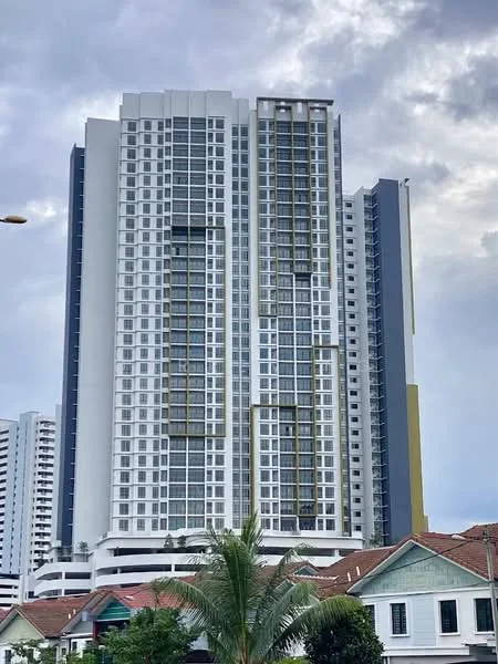 Exterior type: high-rise condominium; features: glass curtain wall, white painted facade, grey accent panels, recessed balconies, multiple storeys, surrounded by residential buildings, landscaped area in foreground; style: modern.