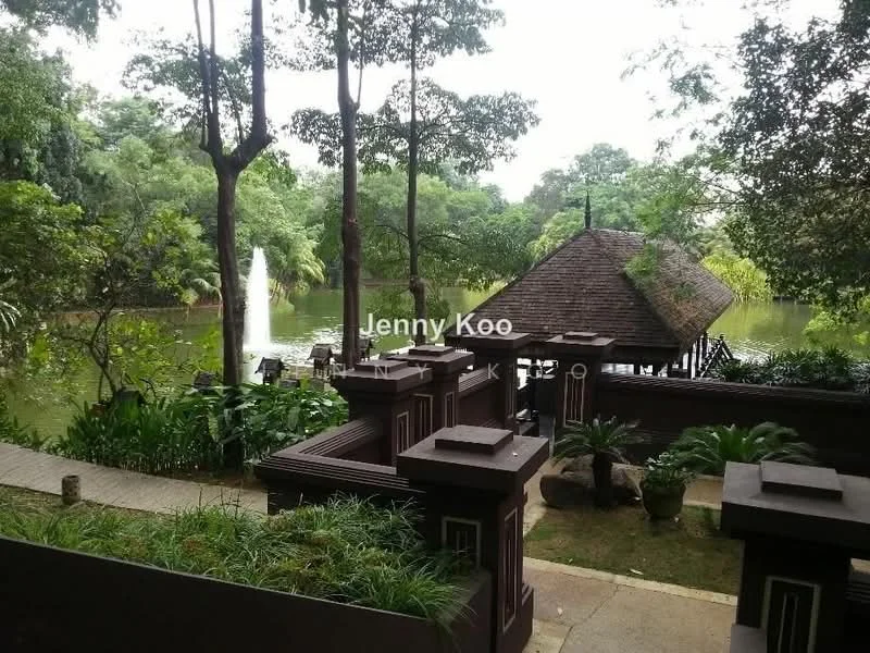 Exterior type: landscape garden; features: manicured lawn, mature trees, pond with fountain, wooden gazebo, stone pathway, tropical landscaping, garden seating area; style: tropical-modern.