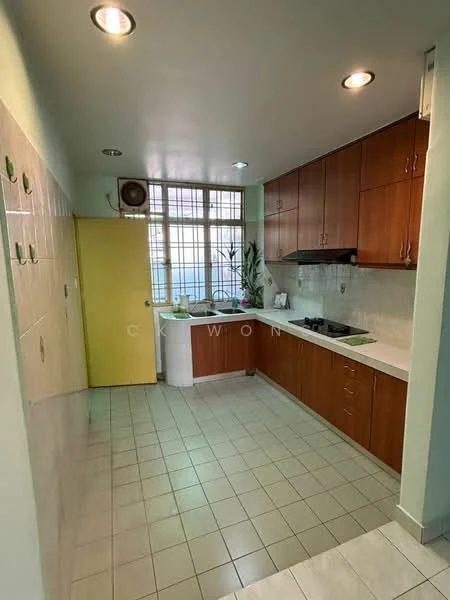 Kitchen features: brown wooden cabinetry, white tiled backsplash, grey countertop, stainless-steel gas hob, built-in oven, single-bowl stainless-steel sink, chrome pull-down faucet, white ceramic floor tiles, window with grid pattern, yellow door, wall-mounted exhaust fan, recessed ceiling lights; style: modern.