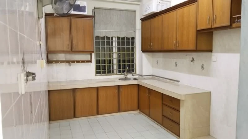 Kitchen features: brown wooden cabinetry, laminate countertop, single-bowl stainless-steel sink, chrome faucet, white tiled backsplash, white tiled flooring, window with grid pattern, ceiling fan, wall-mounted shelves, under-cabinet lighting; style: modern.
