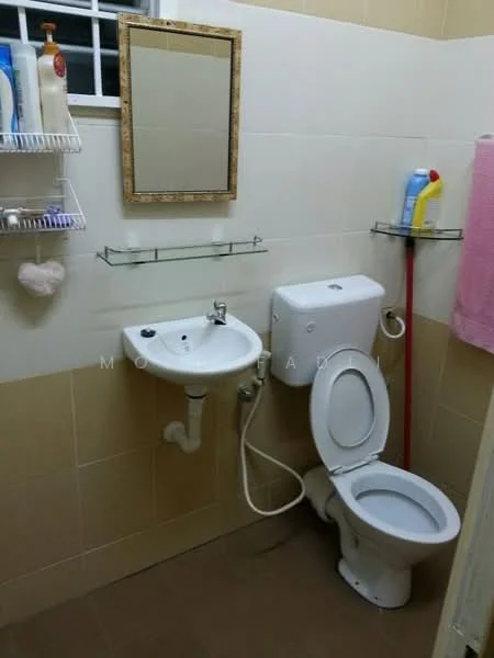 Bathroom features: white ceramic toilet, single-sink vanity with wall-mounted mirror, chrome basin mixer faucet, glass shelf above sink, white wall tiles, beige floor tiles, pink towel hanging on rack, bottle of cleaning liquid on shelf, soap dispenser on shelf, toilet paper holder, exposed plumbing under sink.