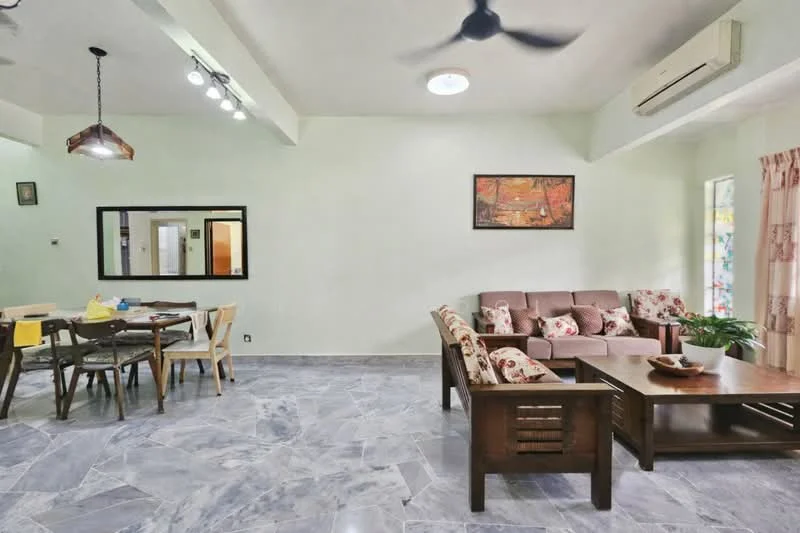 Living features: grey marble flooring, light green painted walls, 5-blade ceiling fan, recessed LED downlights, wall-mounted air conditioning unit, sofa with floral pattern, wooden coffee table, wooden side table, decorative artwork on wall, curtains with floral pattern, floor-to-ceiling windows, indoor plants; style: modern. Dining features: wooden dining table, 4 dining chairs, tableware on table, light fixture above dining table; style: modern.