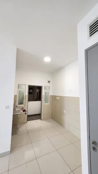 Kitchen features: white painted walls, cream tiled backsplash, glossy white floor tiles, single-bowl stainless-steel sink, chrome faucet, built-in cabinetry, window with glass panes, door leading to another room; style: modern.