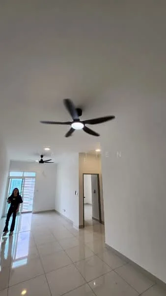 Room features: white painted walls, polished ceramic tile flooring, 5-blade ceiling fan with integrated LED light, floor-to-ceiling windows, sliding glass door, natural light from windows, neutral color scheme, open layout; style: modern; view: city.