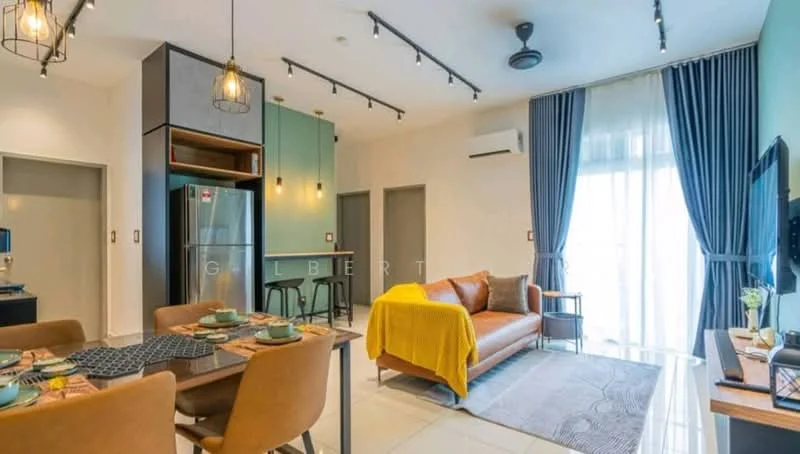 Living features: 3-seater fabric sofa in brown, coffee table, TV console, wall-mounted TV, area rug with geometric pattern, floor-to-ceiling windows, sheer curtains, 5-blade ceiling fan with light, recessed LED downlights, decorative mirror, dining table with 4 upholstered chairs, kitchen island with bar stools, stainless-steel fridge; style: modern; view: garden.