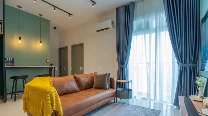 Living features: brown leather sofa, yellow throw blanket, area rug with geometric pattern, wall-mounted TV, wooden side table, floor-to-ceiling windows, sheer curtains, recessed downlights, 1 wall-mounted split AC, green accent wall, bar counter with stools; style: modern; view: city.