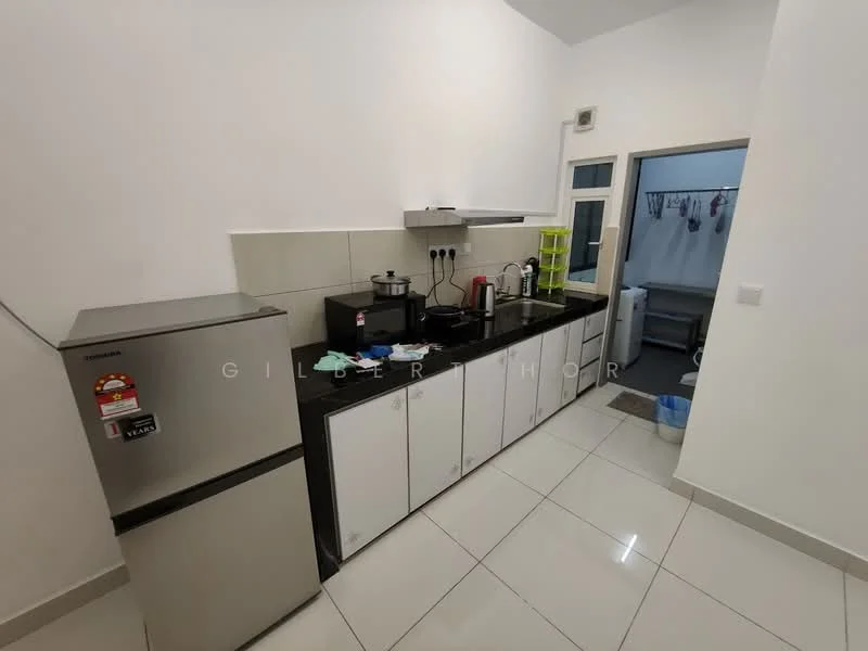 Kitchen features: stainless-steel fridge, black granite countertop, white cabinetry, built-in stove, kitchen sink, wall-mounted cabinets, tile backsplash, ceramic tile flooring, recessed lighting, window with sheer curtains; style: modern. Room features: laundry area visible, hanging clothes rack.