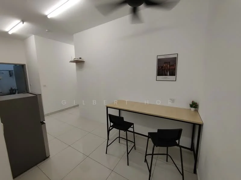 Room features: white painted walls, tile flooring, ceiling fan, recessed LED downlights, small shelf on wall, framed artwork on wall, table with black metal legs, two black chairs; style: modern.