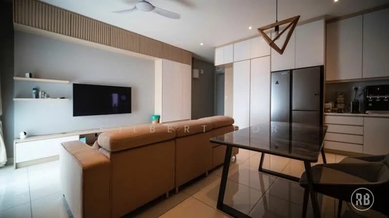 Living features: 3-seater fabric sofa in beige, flat-screen wall-mounted TV, white wall-mounted shelves, ceiling fan, recessed downlights, grey accent wall, white tiled flooring, decorative pendant light, black dining table, black dining chairs, built-in cabinetry, stainless-steel refrigerator; style: modern.