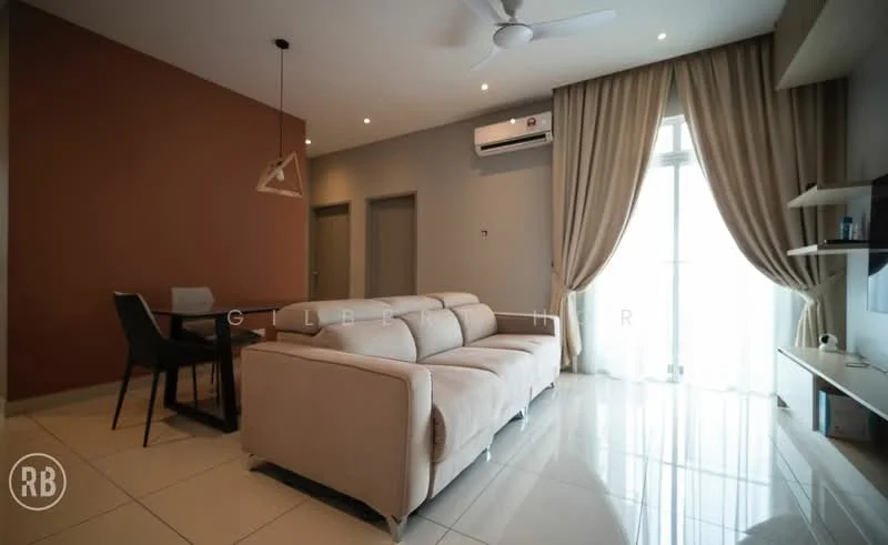 Living features: 3-seater fabric sofa in beige, coffee table, wall-mounted TV, TV console, floor-to-ceiling windows, sheer curtains, 5-blade ceiling fan with light, recessed downlights, cream tiled flooring, air conditioning unit, decorative wall art, dining table for 4 with black chairs; style: modern.