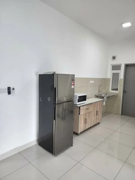 Kitchen features: stainless-steel fridge, built-in microwave, single-bowl stainless-steel sink, chrome pull-down faucet, wood cabinetry, light-colored countertop, cream tiled backsplash, ceramic tile flooring, white painted walls, recessed downlights; style: modern.
