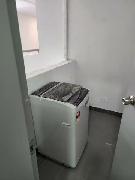 Laundry features: front-load washing machine, grey tiled flooring, white painted walls, window for natural light, minimalist design; style: modern.