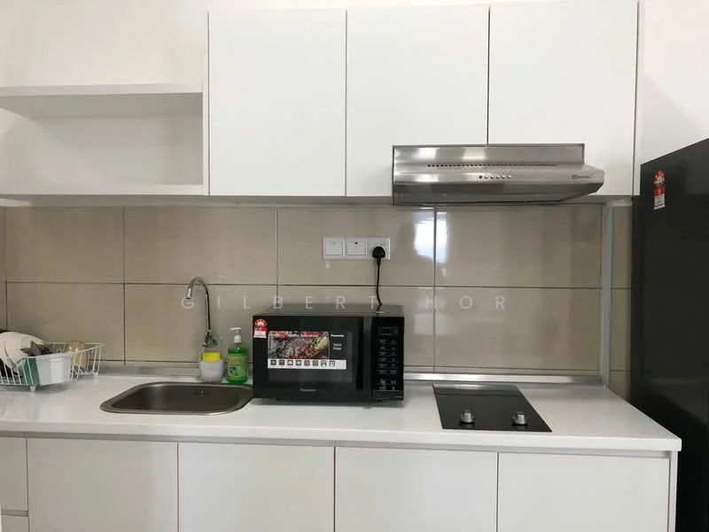 Kitchen features: white cabinetry, stainless-steel range hood, black built-in microwave, black countertop, 2-burner cooktop, white backsplash, sink with chrome faucet, dish rack, cleaning supplies, kitchen utensils; style: modern.