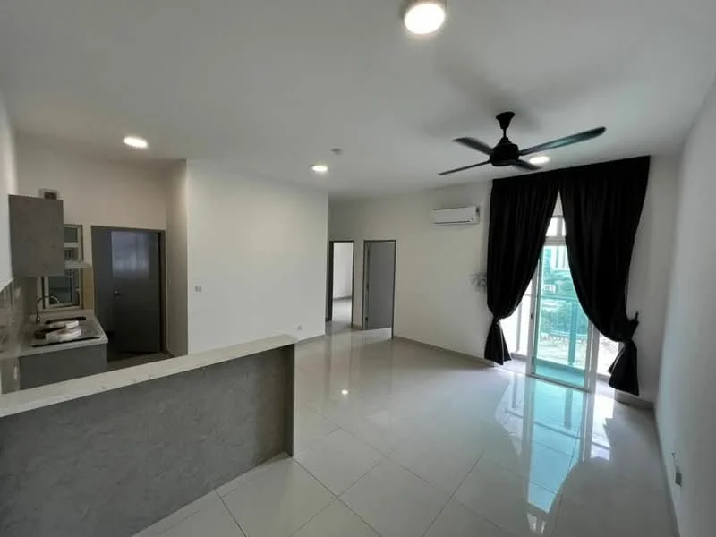 Living features: white painted walls, glossy ceramic tile flooring, 5-blade ceiling fan with light, floor-to-ceiling sliding glass door, blackout curtains, air conditioning unit, kitchen counter with bar seating, open layout, natural light from large window, neutral color scheme; style: modern; view: garden. Kitchen features: white cabinetry, stainless-steel sink, countertop with backsplash, built-in stove, oven, refrigerator, open-plan layout; style: modern. Room features: doorway leading to other rooms, neutral color scheme, natural light.
