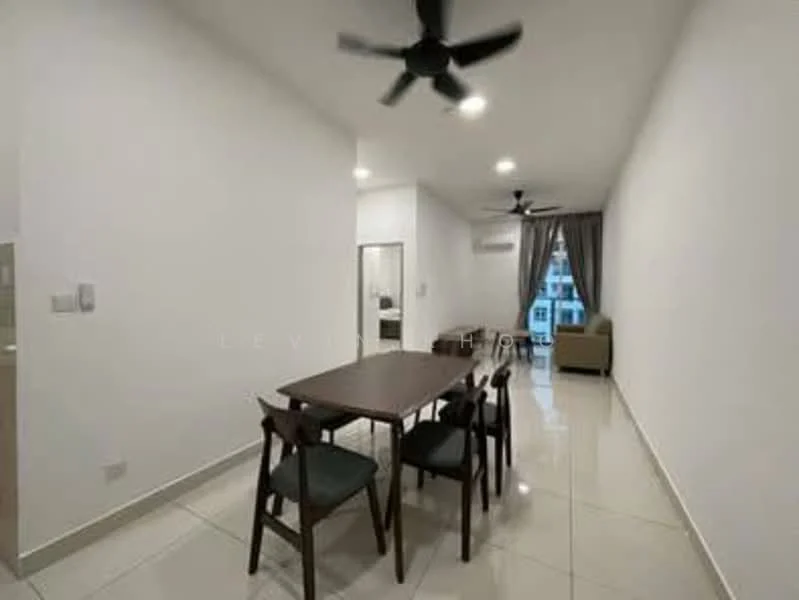 Dining features: 6-seater dining table, wooden dining chairs with green upholstery, white painted walls, glossy tile flooring, 2 ceiling fans, recessed downlights, large window with sheer curtains, open layout to living area; style: modern; view: city. Living features: sofa, coffee table, floor-to-ceiling window, air conditioning unit; style: modern; view: city.