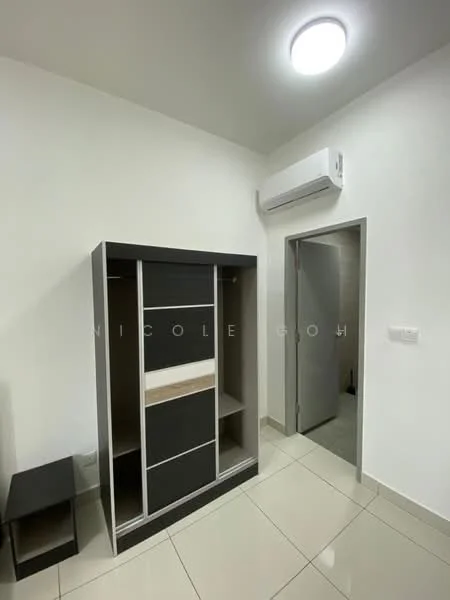 Room features: white painted walls, glossy tile flooring, 1 wall-mounted split AC, ceiling light fixture, built-in wardrobe with grey and wood finish, door leading to another room, small side table; style: modern.