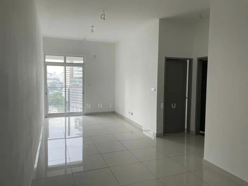Room features: white painted walls, glossy tile flooring, large windows, sliding glass door, city view, recessed ceiling lights, neutral color scheme, open layout; style: modern; view: city.