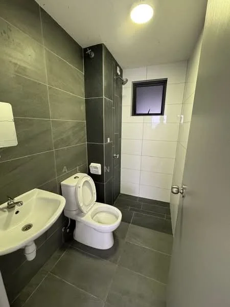 Bathroom features: grey ceramic tile flooring, white tiled walls, single-sink vanity with wall-mounted faucet, one-piece toilet, walk-in shower with glass enclosure, chrome shower head, recessed ceiling light, small window, toilet paper holder, soap dispenser; style: modern.