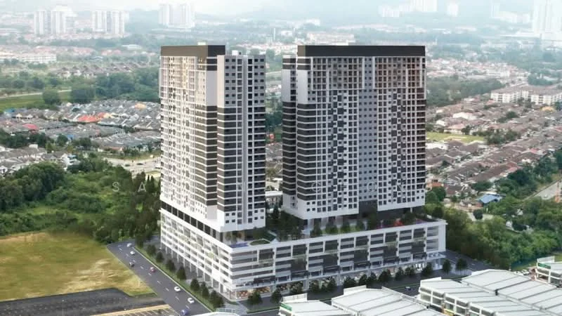 Exterior type: high-rise condominium; features: glass curtain wall, white painted facade, recessed balconies, projecting balconies, multiple storeys, landscaped ground level, surrounded by greenery, parking area at the base; style: modern.