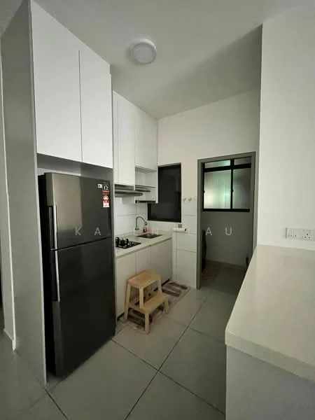Kitchen features: white cabinetry, black refrigerator, built-in oven, stainless-steel sink, chrome pull-down faucet, white countertop, tile backsplash, gas stove, kitchen island, floor tiles, window with black frame, stool, open shelving; style: modern.